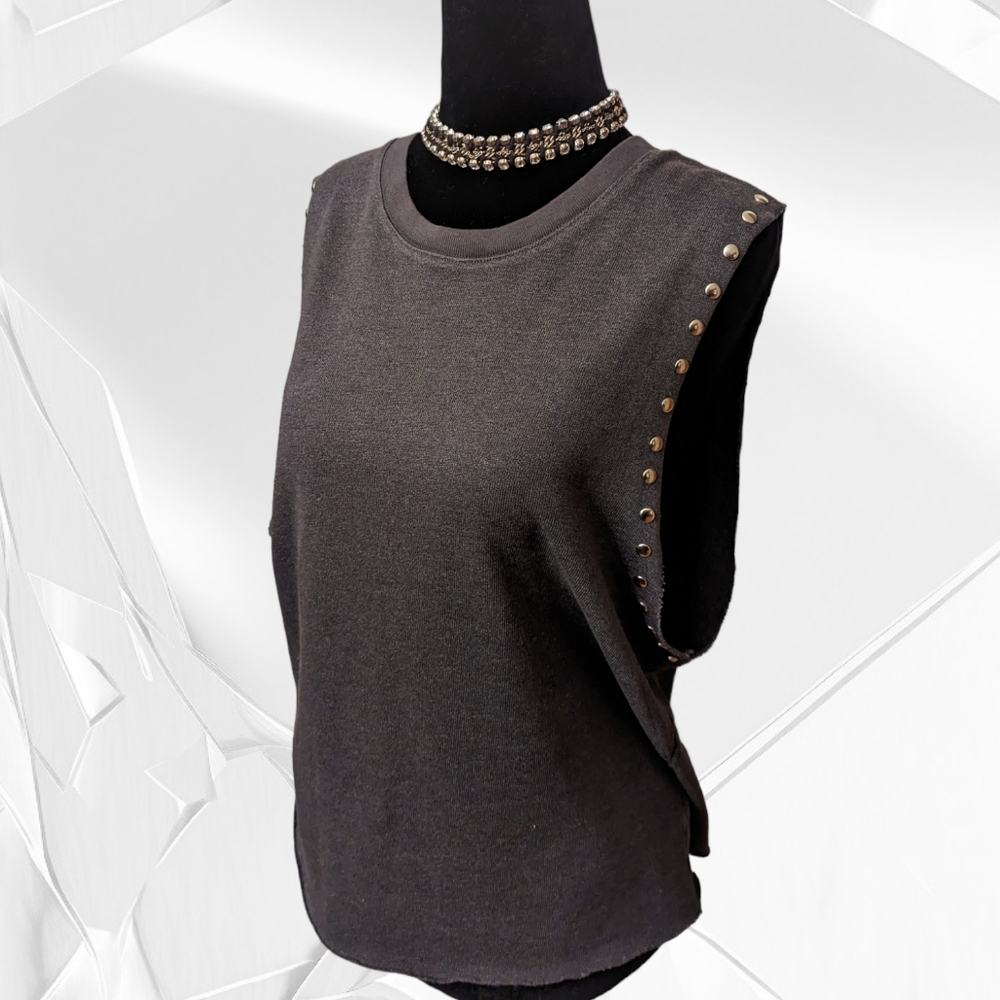 Monrow REVOLVE Silver Studded Gray Sleeveless Sweatshirt, Size (L)